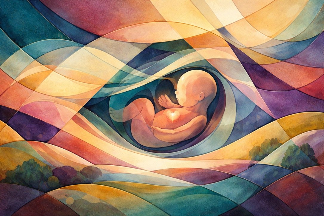 Illustration of a baby held safely, symbolising the care behind a fetal echo